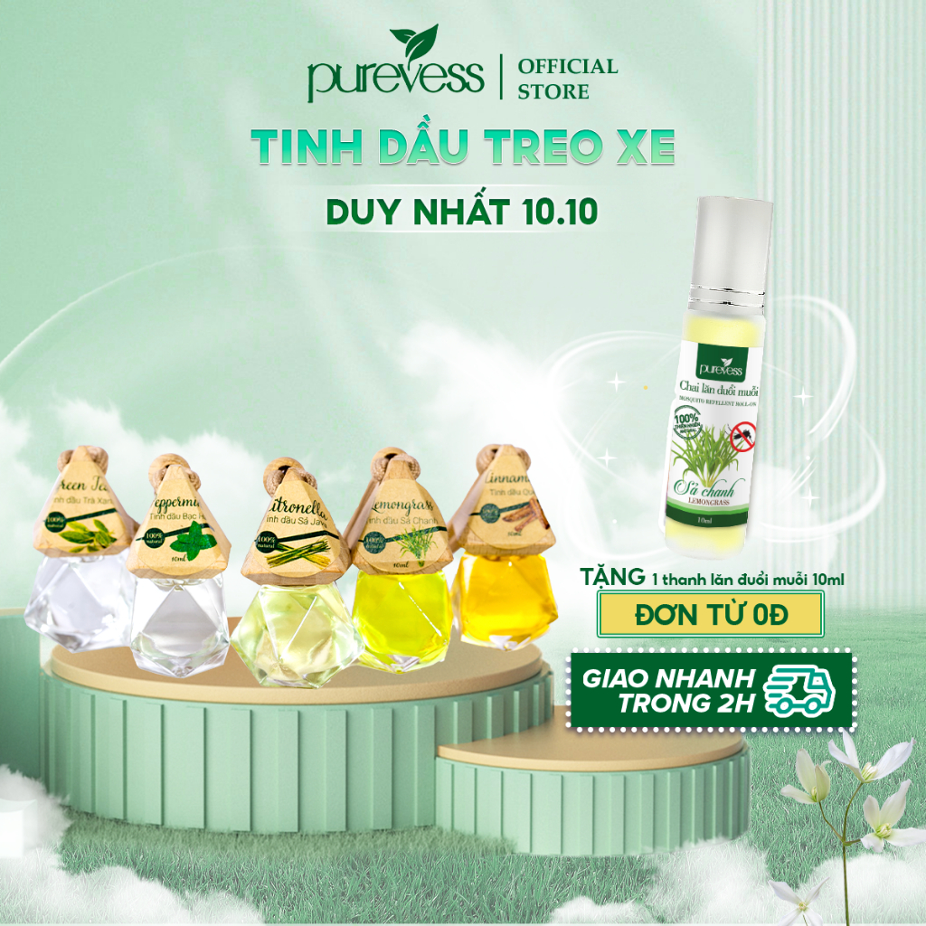 Tinh dầu treo xe ô tô Purevess - giúp khử mùi xe hơi, làm thơm phòng, thư giãn, đuổi muỗi 7ml (8 mùi chọn lựa)