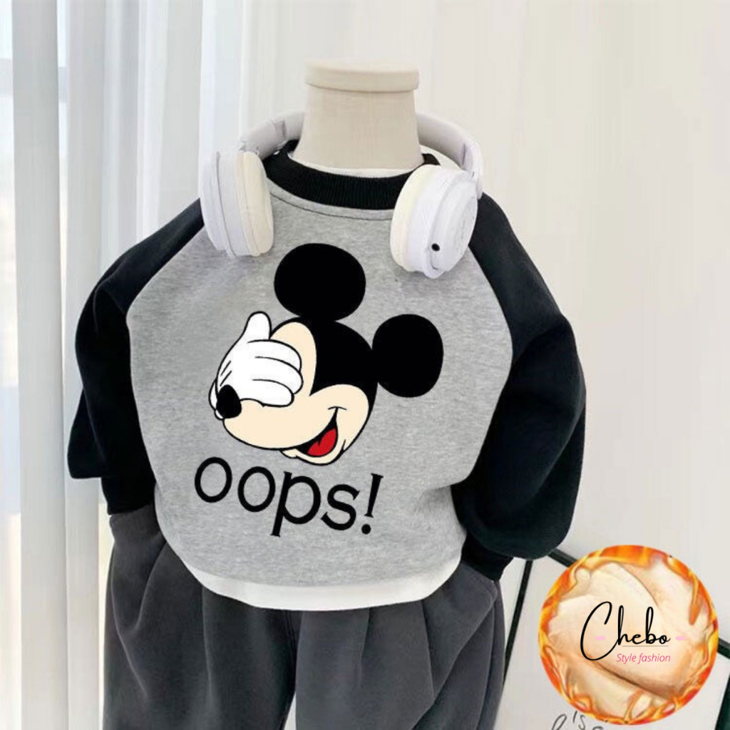 Áo nỉ bông cho bé trai bé gái họa tiết kute phối tay phong cách Hàn Quốc, Áo sweater nỉ bông không xù mặc mùa đông