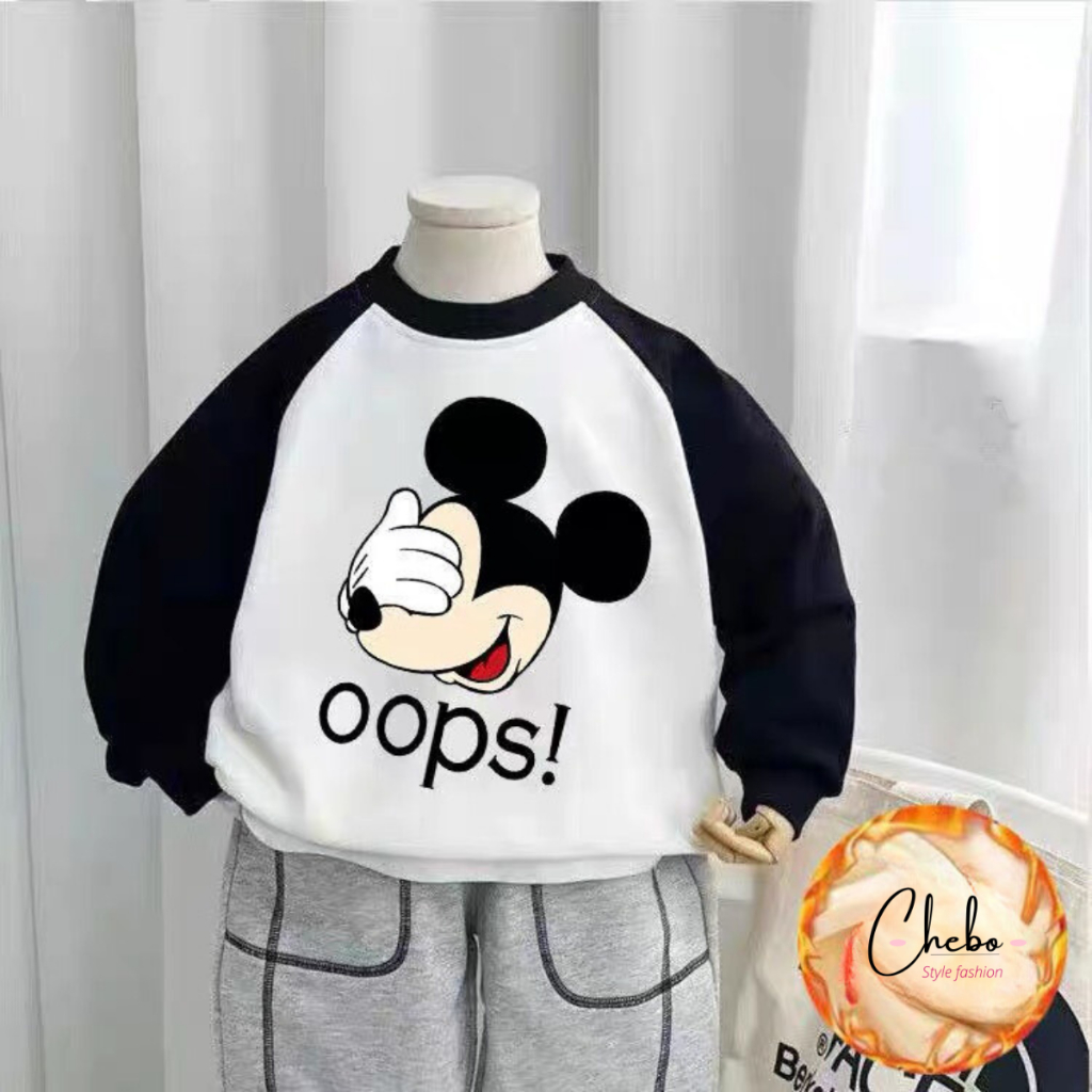 Áo nỉ bông cho bé trai bé gái họa tiết kute phối tay phong cách Hàn Quốc, Áo sweater nỉ bông không xù mặc mùa đông