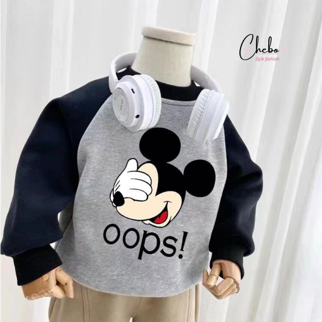 Áo nỉ bông cho bé trai bé gái họa tiết kute phối tay phong cách Hàn Quốc, Áo sweater nỉ bông không xù mặc mùa đông