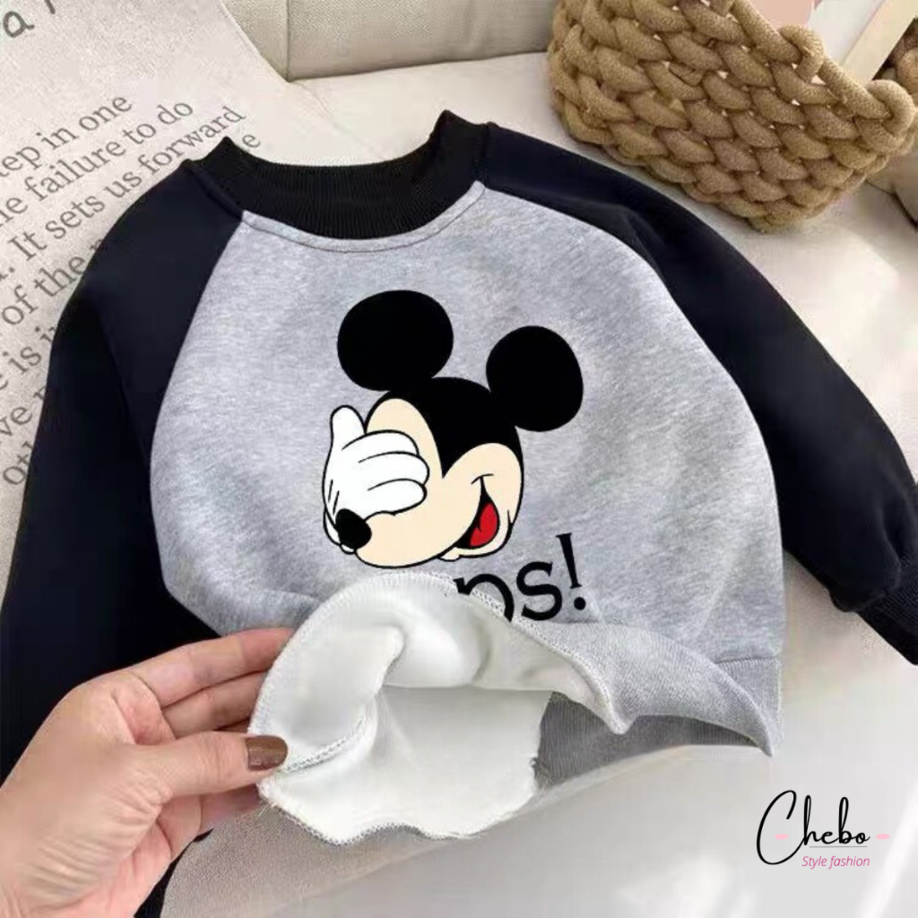 Áo nỉ bông cho bé trai bé gái họa tiết kute phối tay phong cách Hàn Quốc, Áo sweater nỉ bông không xù mặc mùa đông