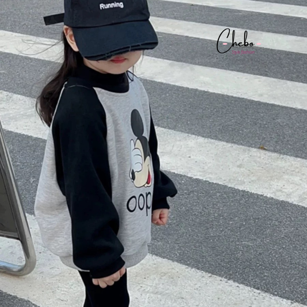 Áo nỉ bông cho bé trai bé gái họa tiết kute phối tay phong cách Hàn Quốc, Áo sweater nỉ bông không xù mặc mùa đông