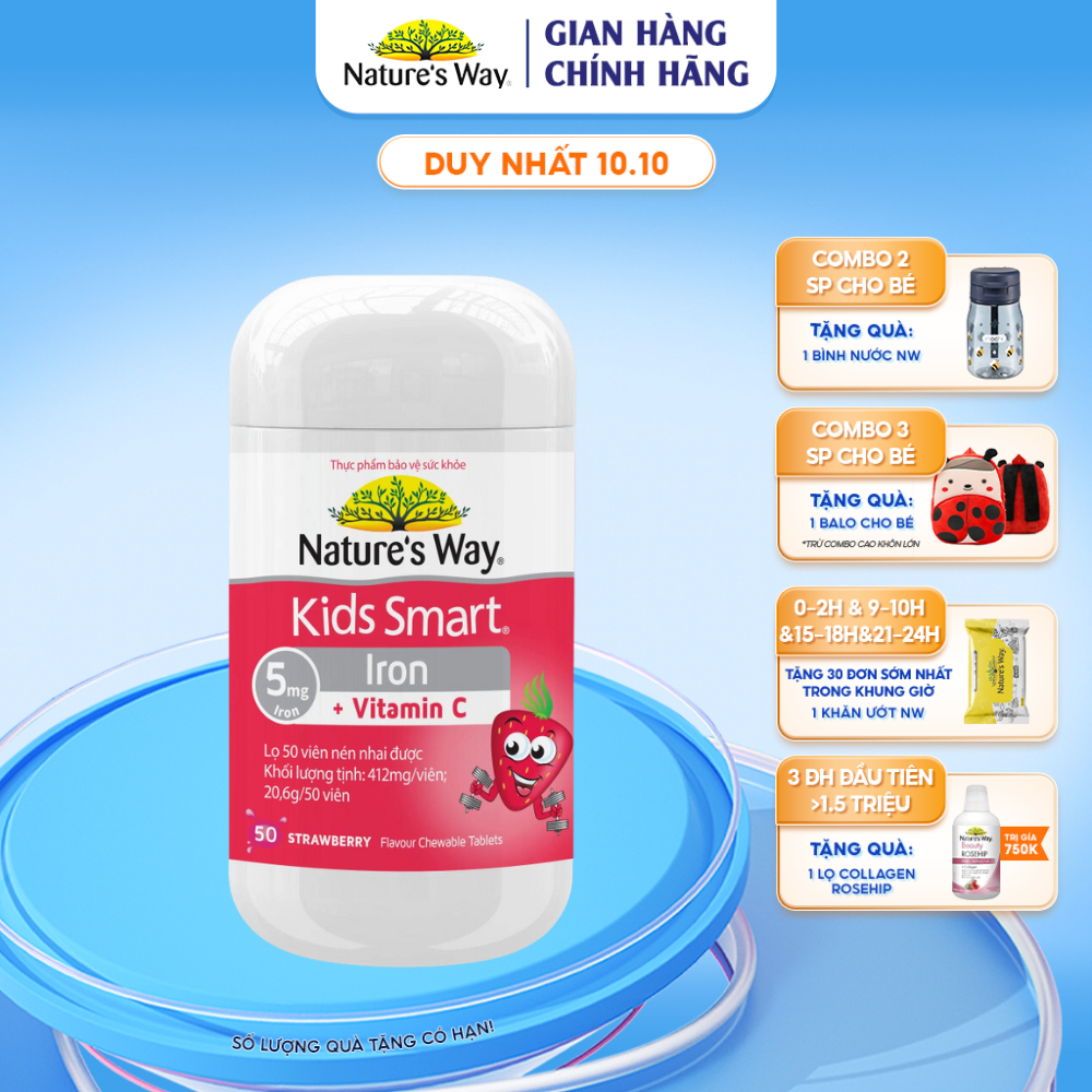 Viên Nhai Vitamin C Và Sắt Nature's Way Kids Smart Iron C Tăng Cường Hệ Miễn Dịch, Hỗ Trợ Phát Triển Não Bộ Cho Bé 50v/h