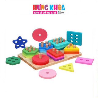 Bộ thả hình khối 6 cọc trụ bằng gỗ, đồ chơi trí tuệ cho bé học hình khối, học màu sắc