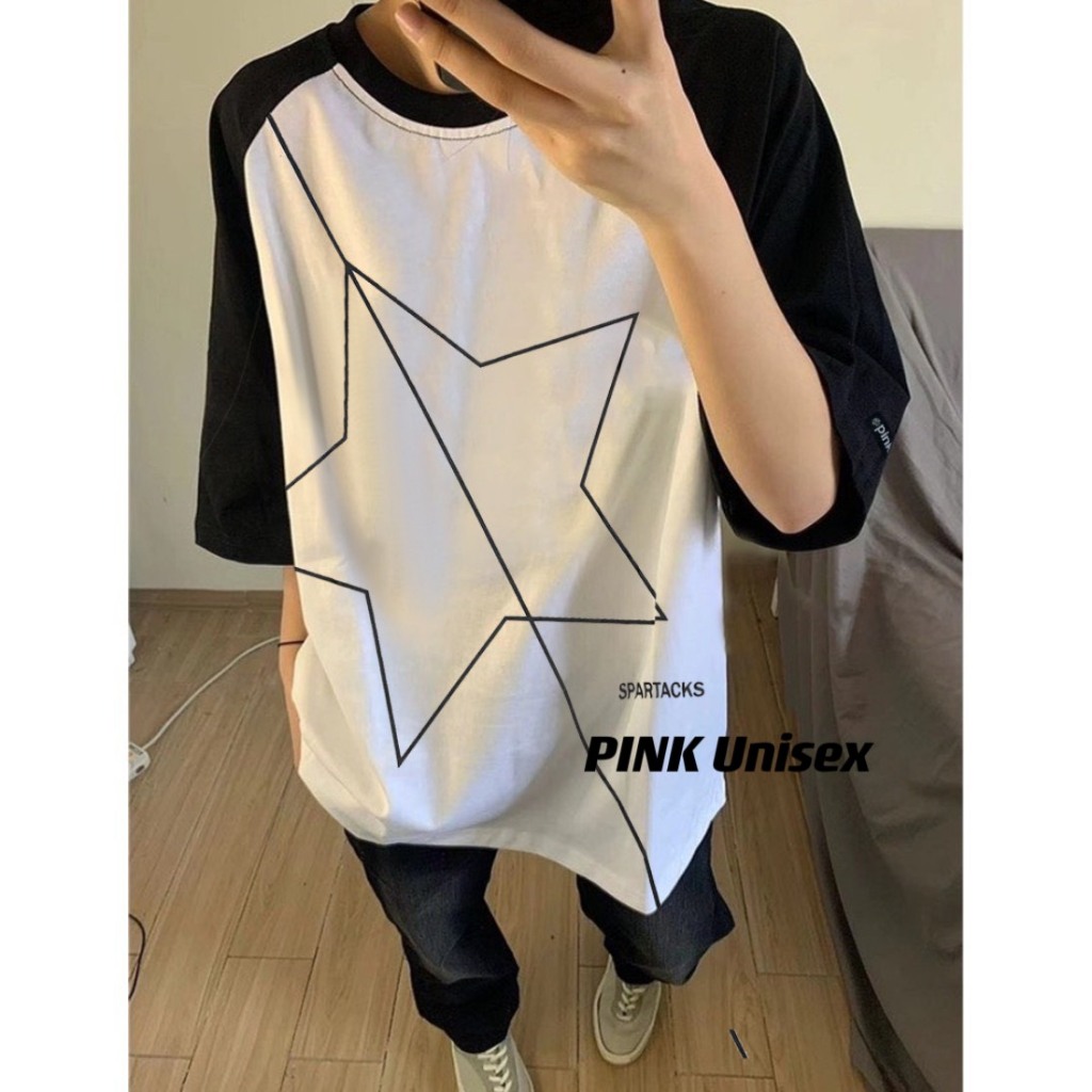 Áo thun phông Raglan logo tay nam nữ PINK tay lỡ form rộng NGÔI SAO Unisex