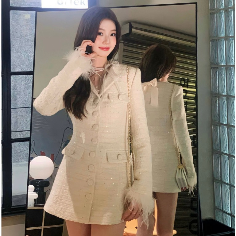 Váy dạ tweed cúc bọc tay lông có nơ sau cao cấp