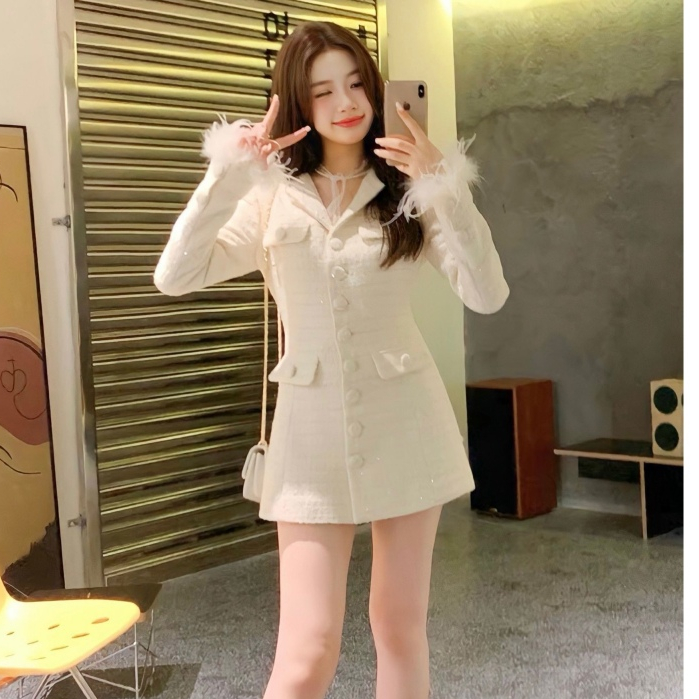 Váy dạ tweed cúc bọc tay lông có nơ sau cao cấp