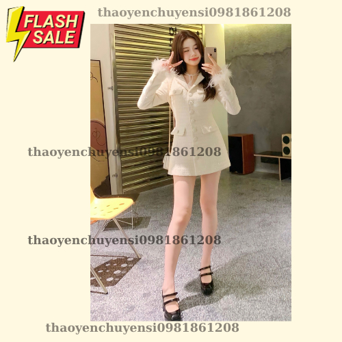 Váy dạ tweed cúc bọc tay lông có nơ sau cao cấp