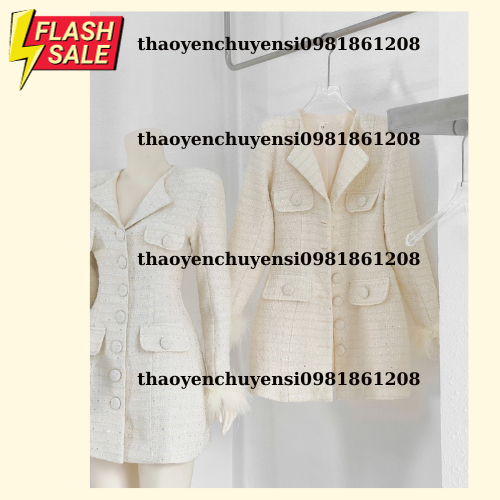 Váy dạ tweed cúc bọc tay lông có nơ sau cao cấp