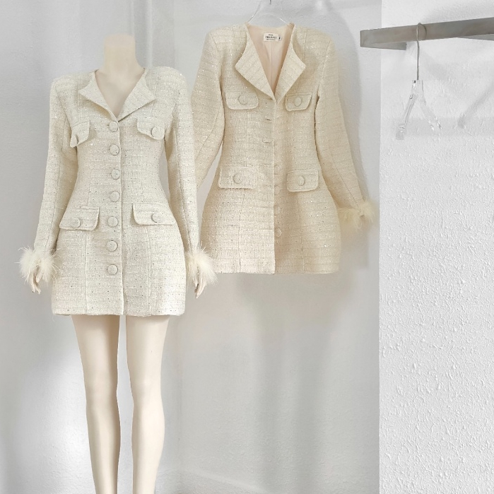 Váy dạ tweed cúc bọc tay lông có nơ sau cao cấp