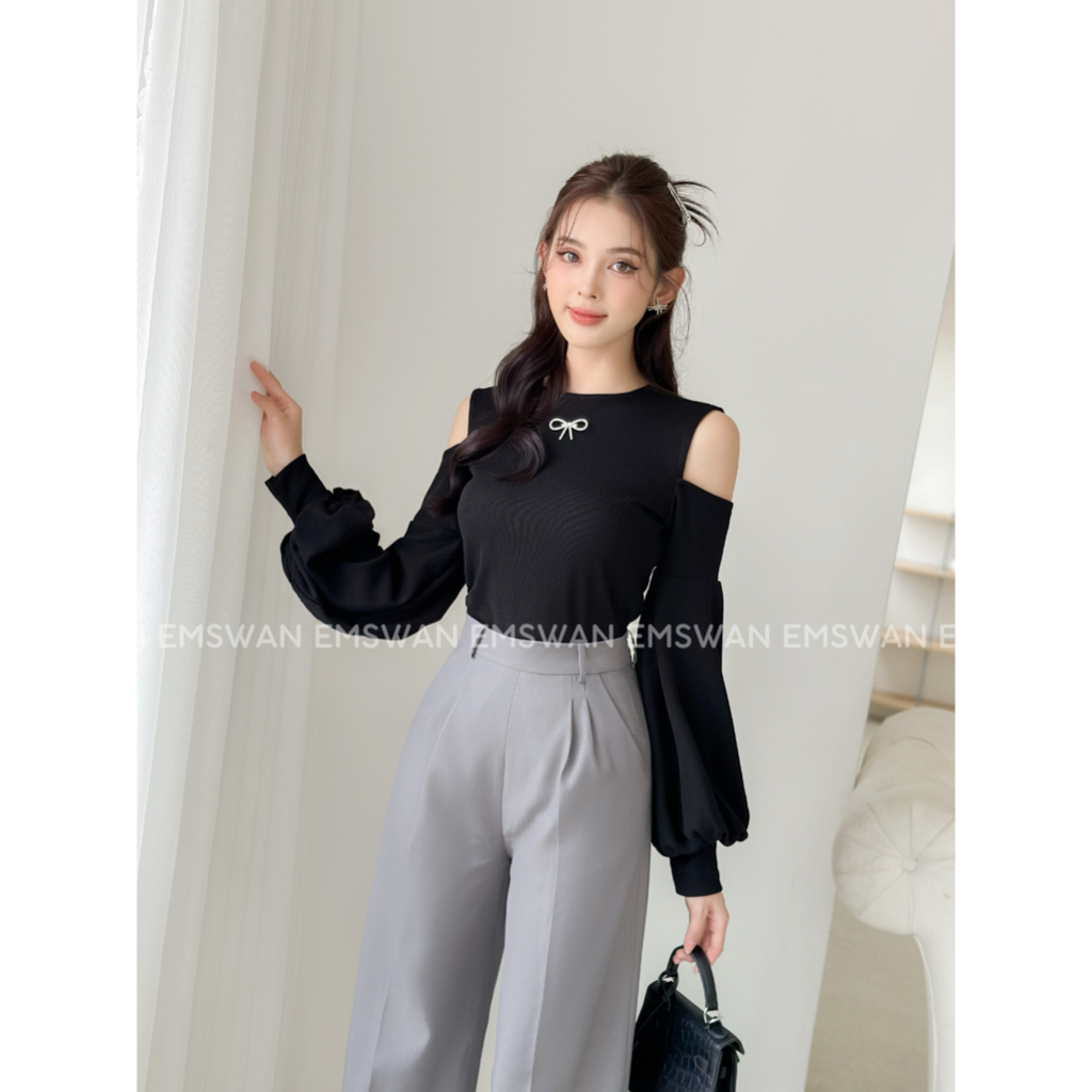 Áo len tăm sợi to hở vai tay bồng - 𝑳𝒆𝒐𝒏𝒂 𝑻𝒐𝒑 - EmSwan