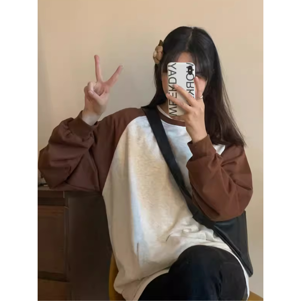 Áo sweater nỉ hàn tay raglang phối màu Dáng Rộng Unisex Siêu xinh