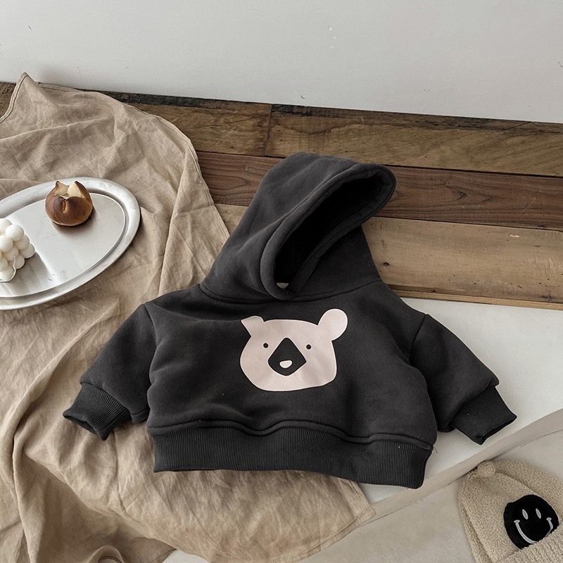 Áo hoodie lót nỉ nhung dày ấm hoạ tiết mặt gấu 2 màu cho bé-A34
