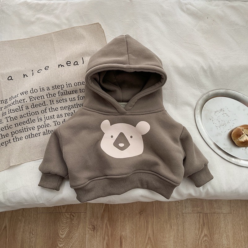 Áo hoodie lót nỉ nhung dày ấm hoạ tiết mặt gấu 2 màu cho bé-A34