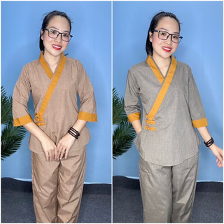 Đồ lam đi chùa nữ - mẫu nhật 3 nút chất tixi