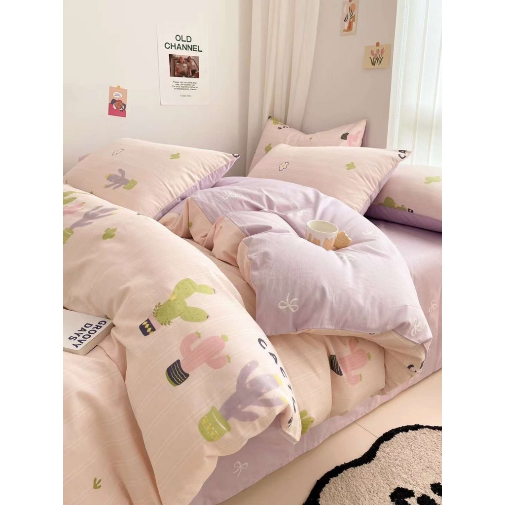 Set Cây Xương Rồng hồng tím pastel - Bộ vỏ chăn ga và vỏ gối cotton living cao cấp Mùa Decor