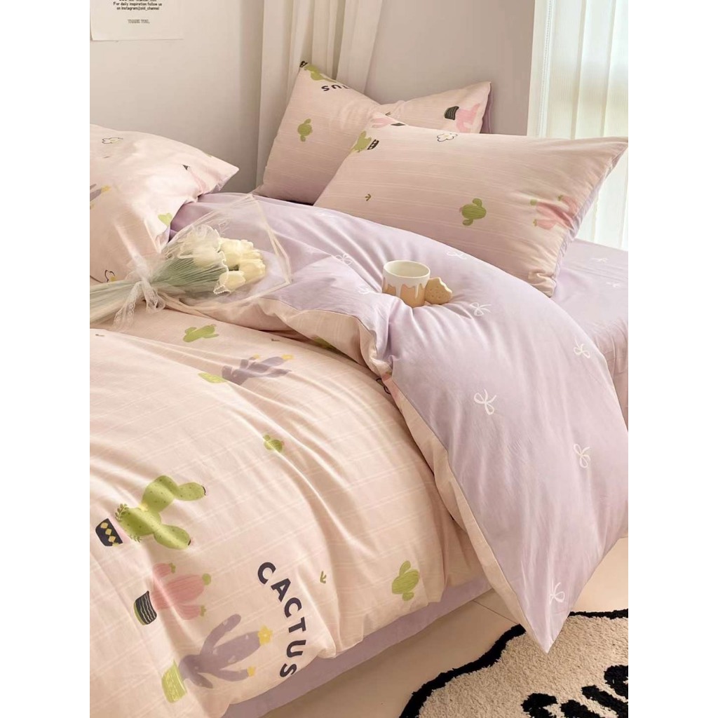 Set Cây Xương Rồng hồng tím pastel - Bộ vỏ chăn ga và vỏ gối cotton living cao cấp Mùa Decor