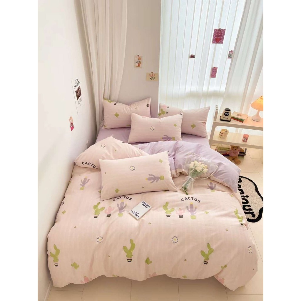Set Cây Xương Rồng hồng tím pastel - Bộ vỏ chăn ga và vỏ gối cotton living cao cấp Mùa Decor