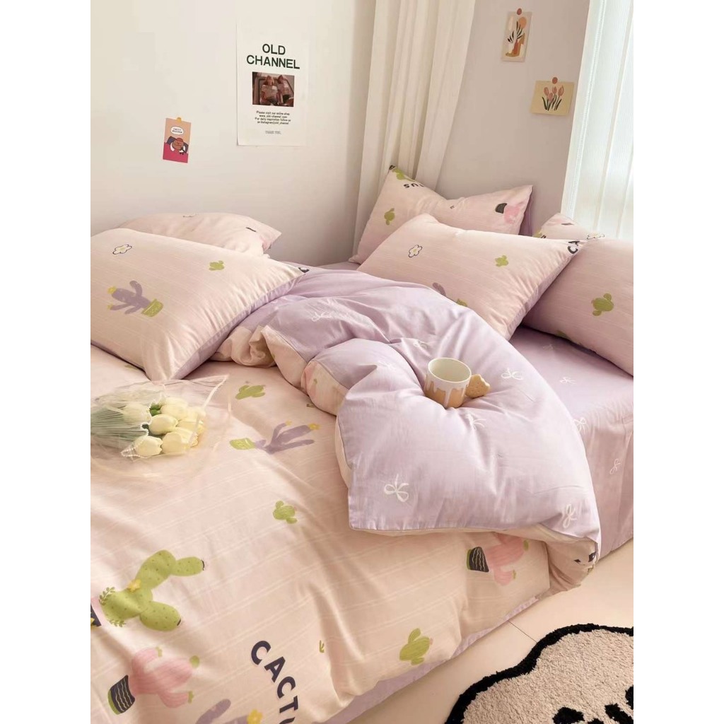 Set Cây Xương Rồng hồng tím pastel - Bộ vỏ chăn ga và vỏ gối cotton living cao cấp Mùa Decor
