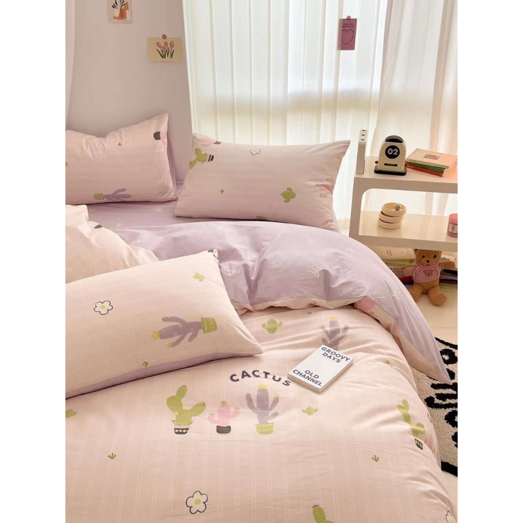Set Cây Xương Rồng hồng tím pastel - Bộ vỏ chăn ga và vỏ gối cotton living cao cấp Mùa Decor
