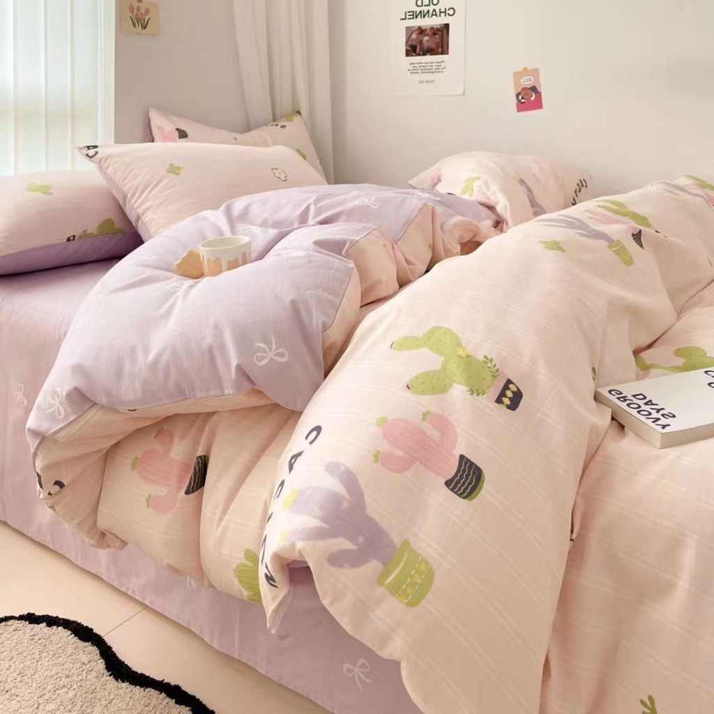 Set Cây Xương Rồng hồng tím pastel - Bộ vỏ chăn ga và vỏ gối cotton living cao cấp Mùa Decor