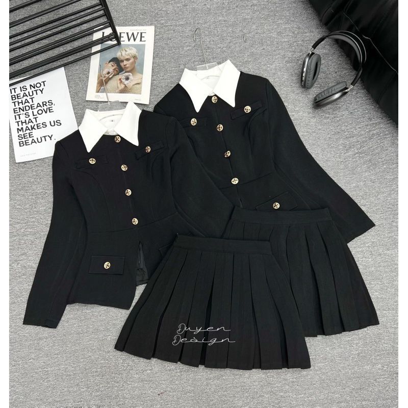 Set áo vest dài tay cổ sơ mi phối màu đen trắng mix chân váy xếp ly trẻ trung năng động