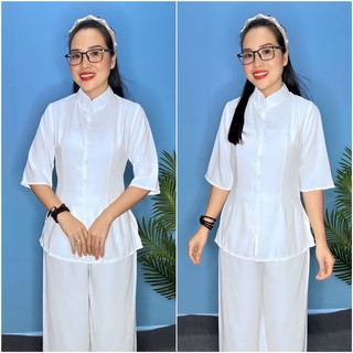 Đồ lam đi chùa nữ - mẫu lãnh tụ lụa phối nút bọc