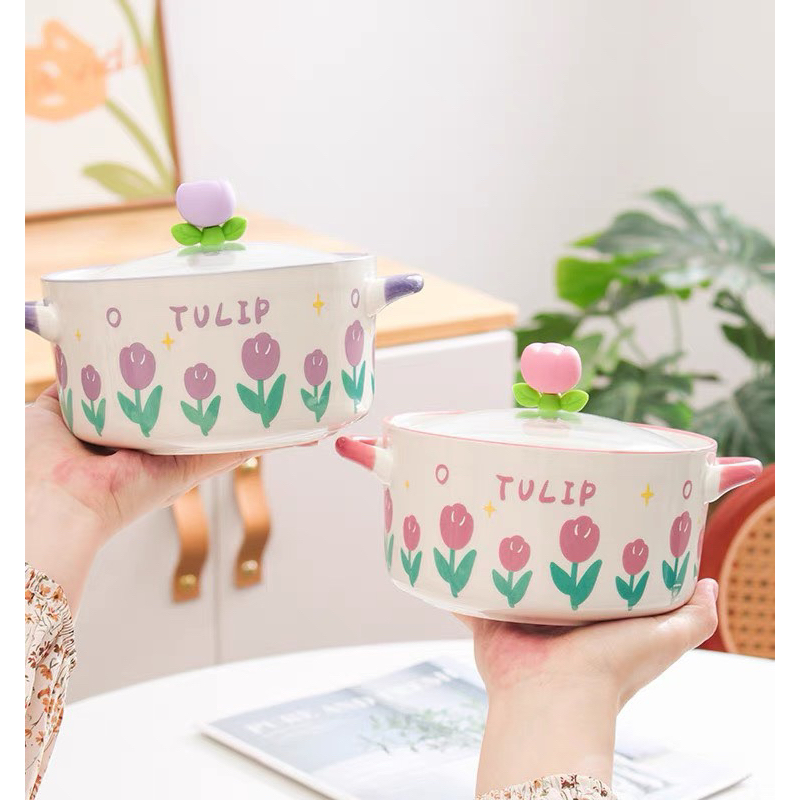 Tô ăn mì,bát úp mì ăn liền gốm sứ có nắp đậy  thủy tinh hoa TULIP