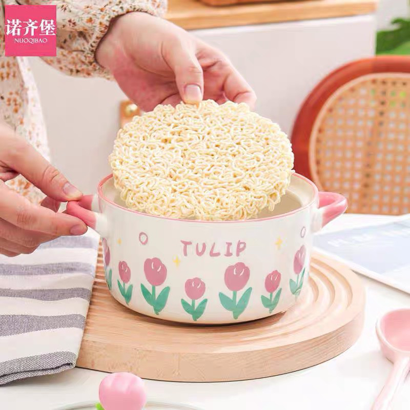 Tô ăn mì,bát úp mì ăn liền gốm sứ có nắp đậy  thủy tinh hoa TULIP