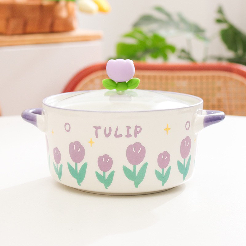 Tô ăn mì,bát úp mì ăn liền gốm sứ có nắp đậy  thủy tinh hoa TULIP