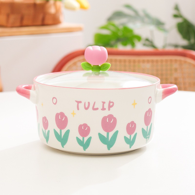 Tô ăn mì,bát úp mì ăn liền gốm sứ có nắp đậy  thủy tinh hoa TULIP
