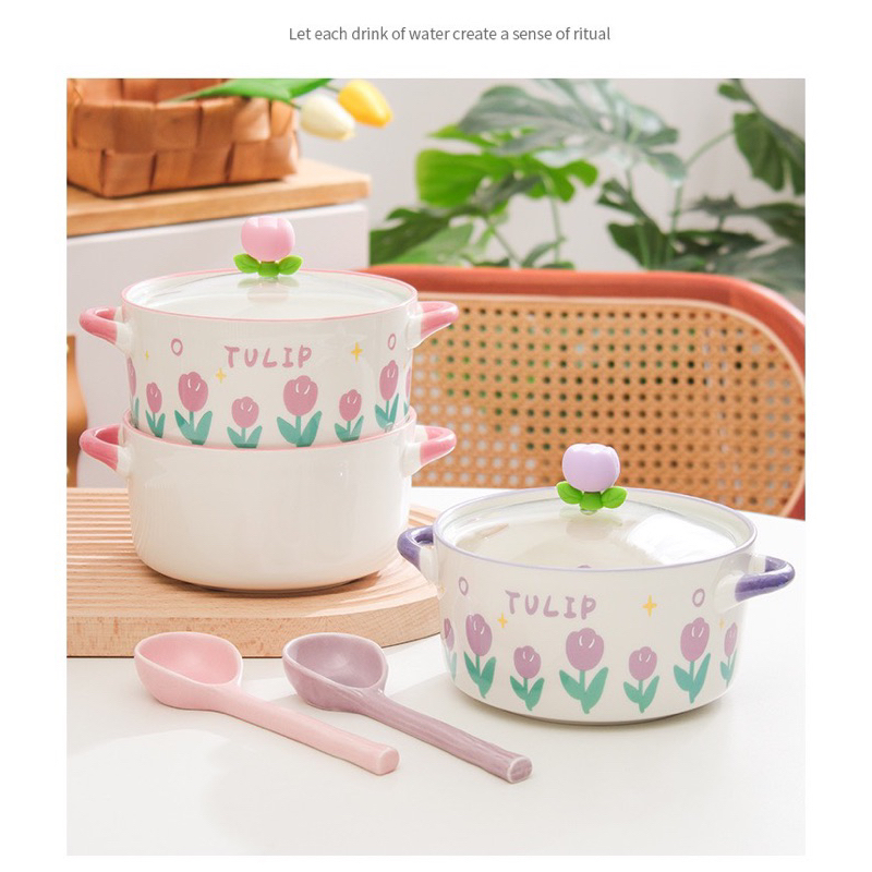 Tô ăn mì,bát úp mì ăn liền gốm sứ có nắp đậy  thủy tinh hoa TULIP