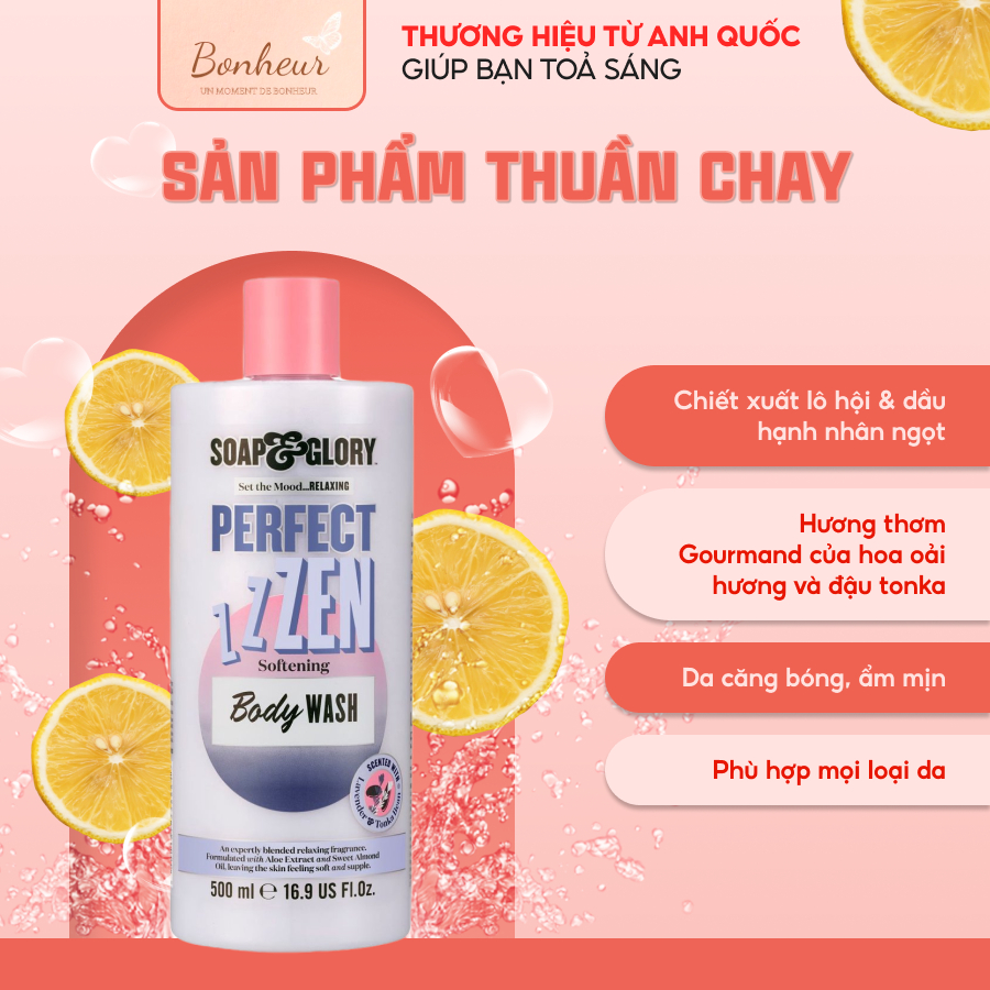 Sữa tắm Soap and Glory 500ml PERFECT ZEN Softening Body Wash dưỡng ẩm, trắng da hương lavender đậu khấu