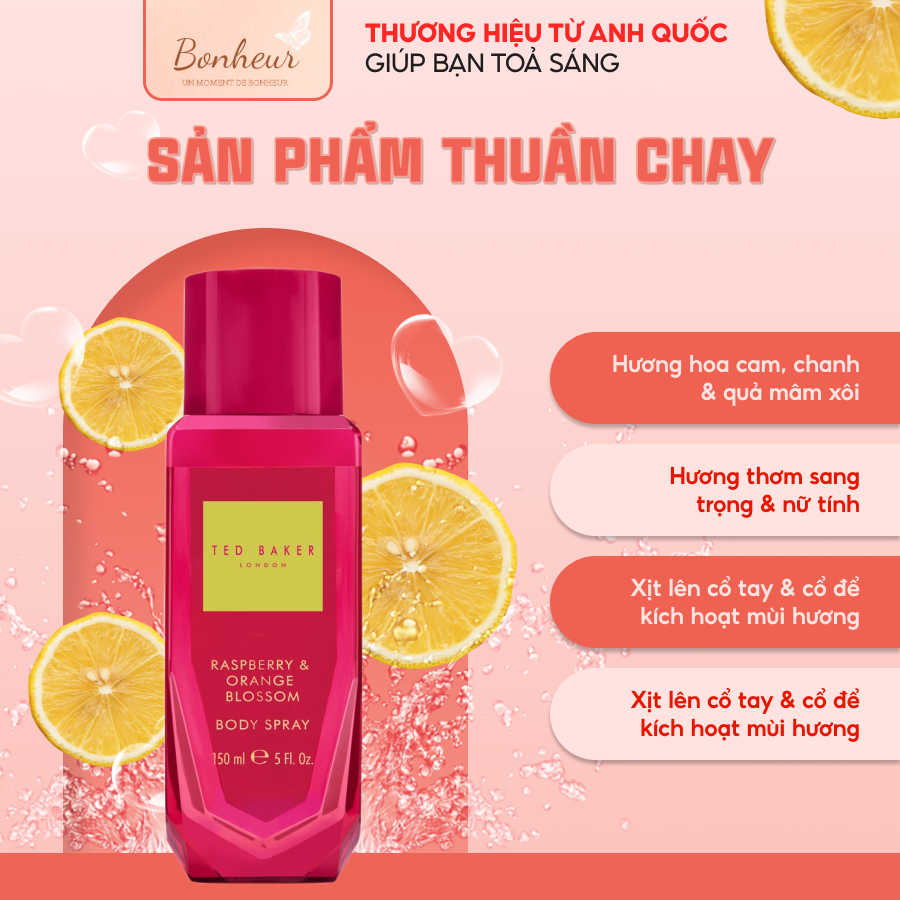 Xịt thơm toàn thân 150ml Ted Baker London Rose & Cassis Body Spray hương hoa hồng và hoa blackcurrent