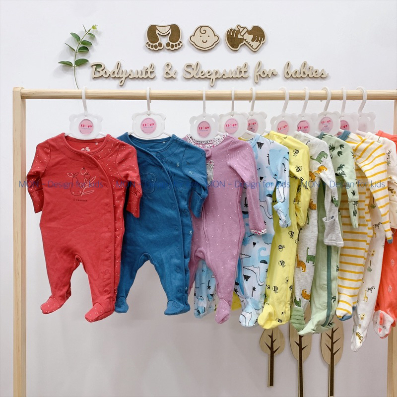 Sleepsuit CÀI CÚC bấm, bộ bodysuit liền tất CÓ BAO TAY LẬT cho bé sơ sinh