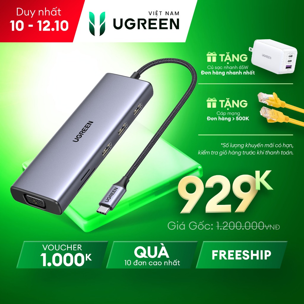 Hub chuyển đổi Type C UGREEN 9 in 1| HDMI 4K UHD| USB 3.0 | Bảo Hành 18 Tháng | 15600 90119