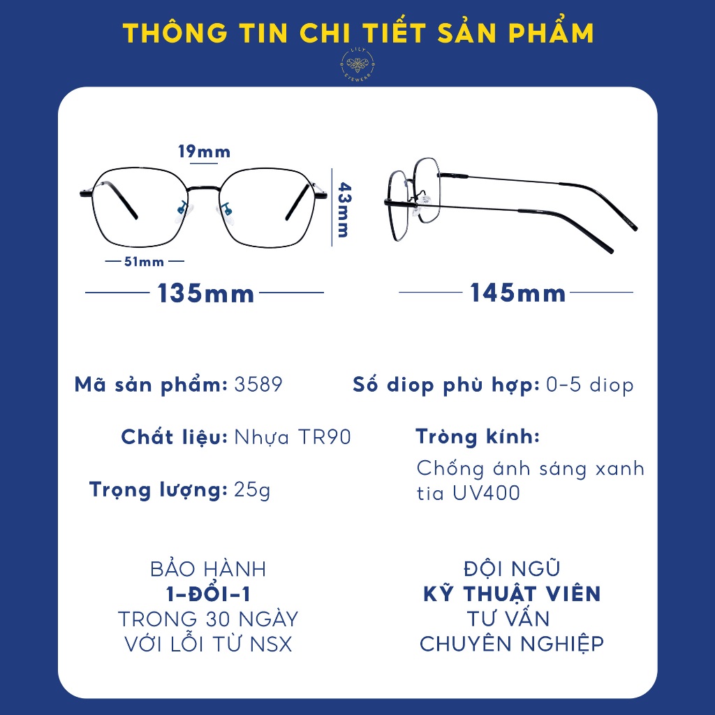 Gọng kính cận nam nữ Lilyeyewear chất liệu kim loại mắt đa giác thanh mảnh 282308