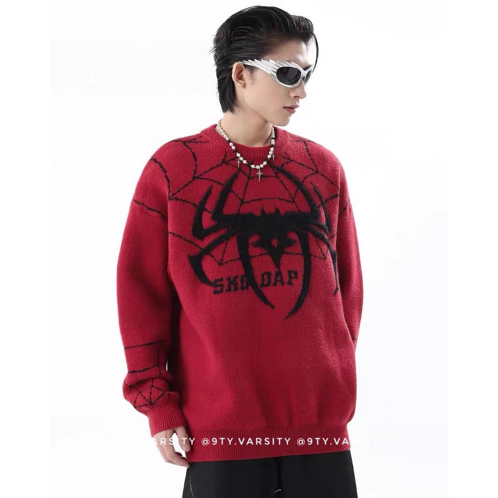 Áo sweater len nhện spiderman hoạ tiết thêu phong cách đường phố Y2K 9tyvarsity