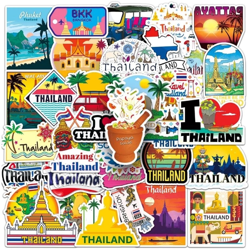 Set 10/30/ 50 sticker chủ đề du lịch Thái Lan Thailand dán nón mũ bảo hiểm laptop vali sổ tay đàn guitar điện thoại xe