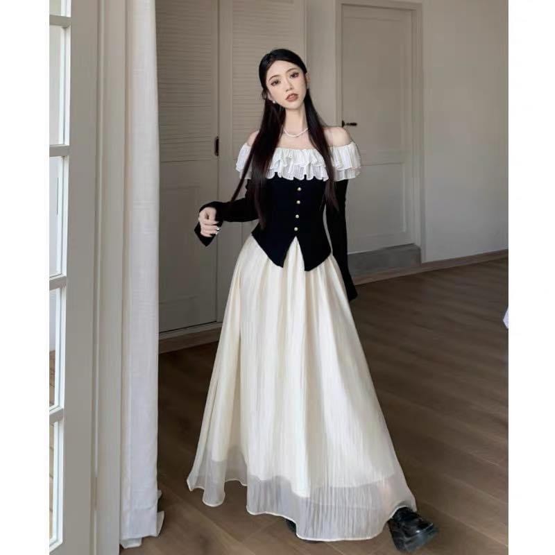 Set áo trễ vai phối bèo kèm chân váy xòe dáng dài thanh mảnh phù hợp đi chơi đi làm dạo phố phong cách nàng thơ B68