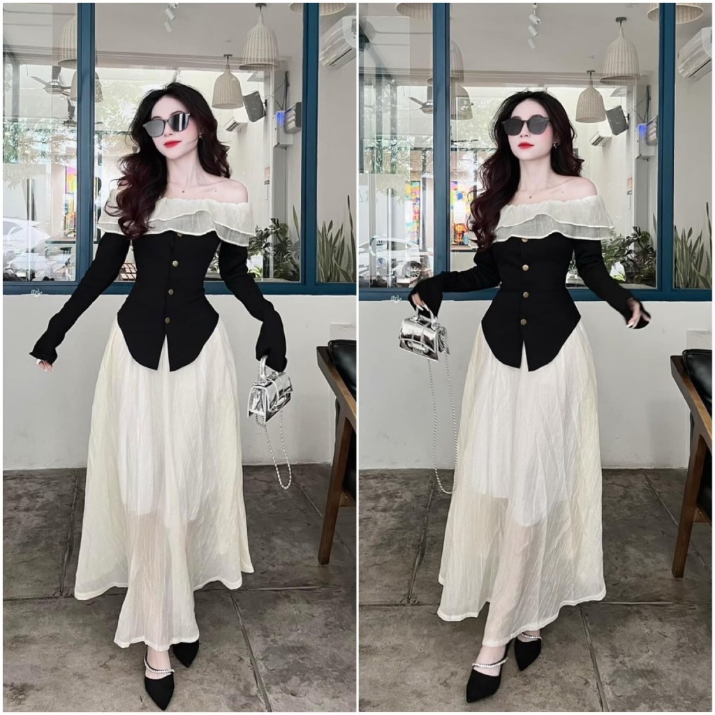 Set áo trễ vai phối bèo kèm chân váy xòe dáng dài thanh mảnh phù hợp đi chơi đi làm dạo phố phong cách nàng thơ B68