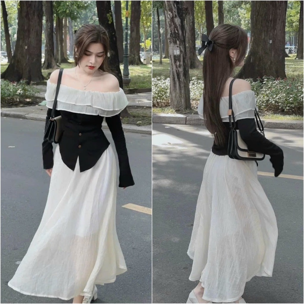 Set áo trễ vai phối bèo kèm chân váy xòe dáng dài thanh mảnh phù hợp đi chơi đi làm dạo phố phong cách nàng thơ B68
