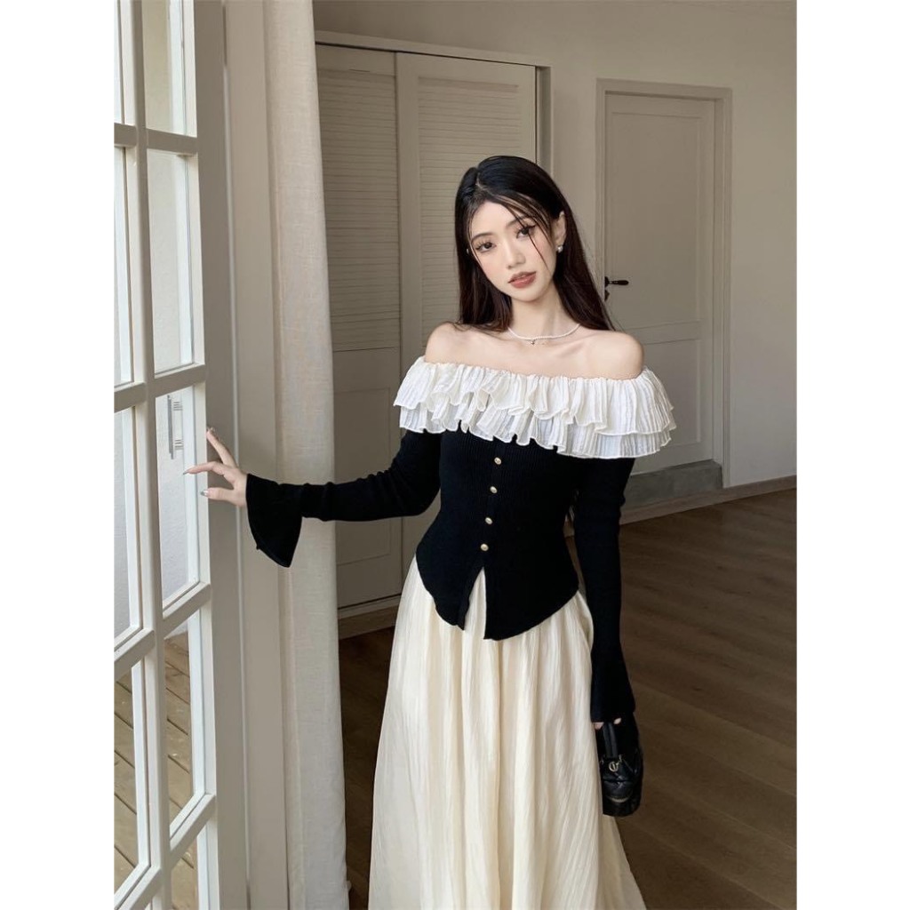 Set áo trễ vai phối bèo kèm chân váy xòe dáng dài thanh mảnh phù hợp đi chơi đi làm dạo phố phong cách nàng thơ B68