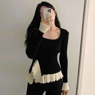Áo len nữ dài tay xẻ tà chất tăm dáng basic dễ phối đồ