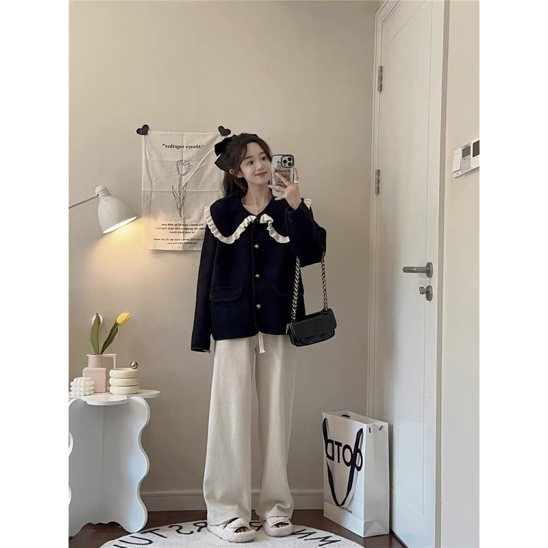 Áo khoác cổ bèo len dáng xuông Nữ búp bê phong cách ngọt ngào mùa thu đông mới