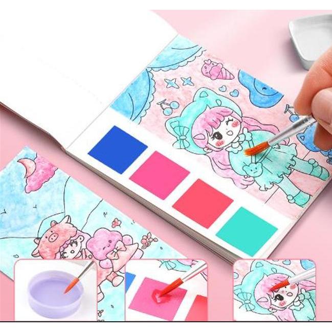 Sổ tô màu 12 trang cho Bé kèm màu nước được nén khô và cọ