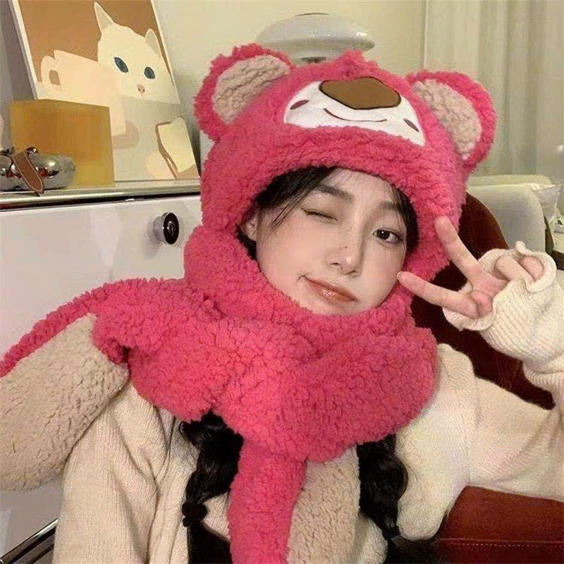 Mũ lông gấu Lotso hồng 3in1 ấm áp