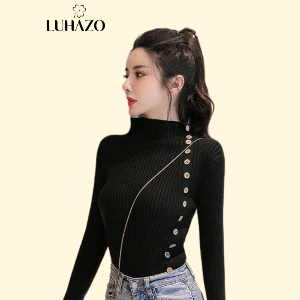 Áo Sweater Nữ Len Dệt Kim LUHAZO Cổ Lọ Phối Nút Phong Cách Hàn Quốc Hợp Thời Trang G-9