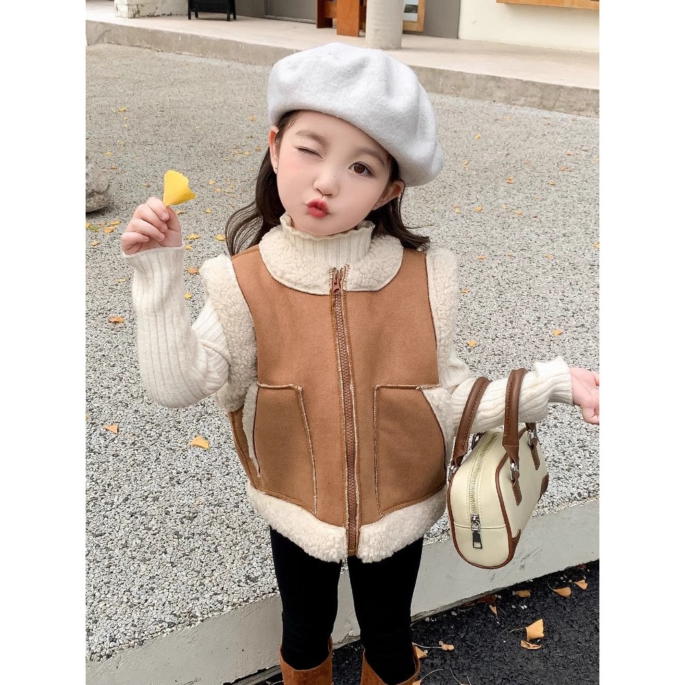 Quần áo trẻ em, Áo gile da bé trai bé gái, chất da lộn màu nâu lót lông cừu cho bé 10-25kg A276 | Tiểu Yến KID