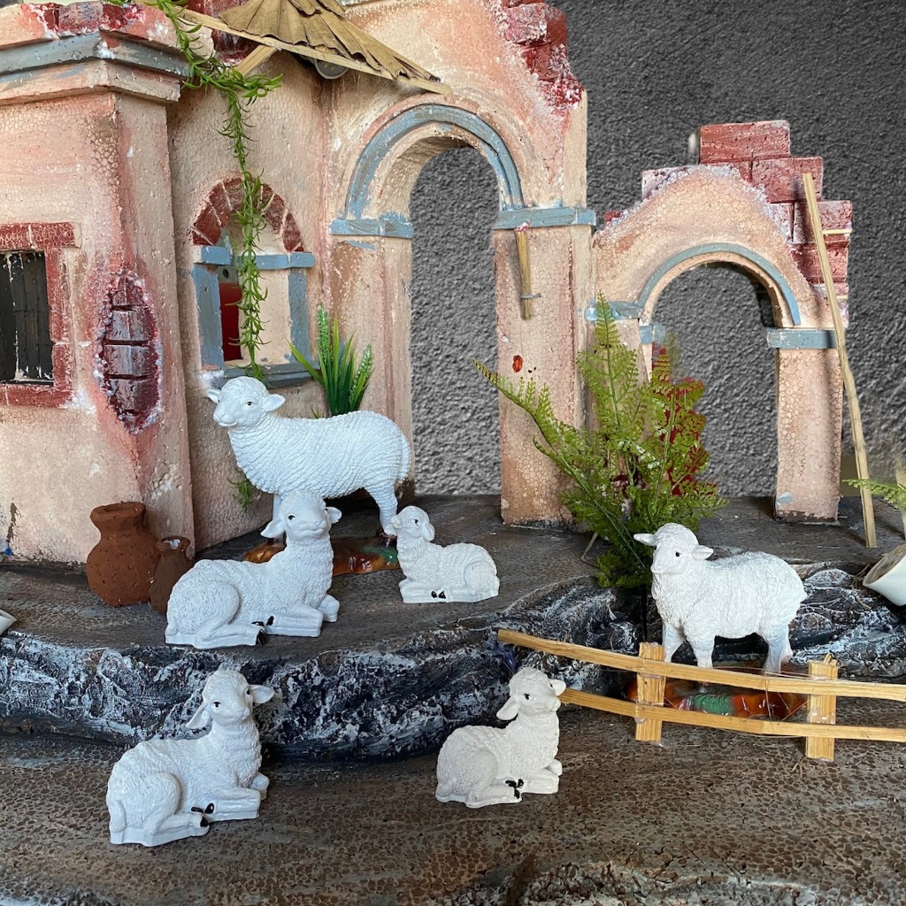 Bộ 6 con cừu 10cm đẹp trang trí hang đá giáng sinh Noel tặng thêm rơm